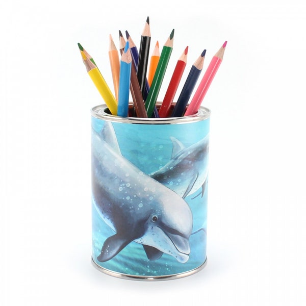 Stylo gobelet dauphins avec 12 crayons de couleur triangulaires | Trousse enfant porte-stylo organisateur de bureau fille garçon