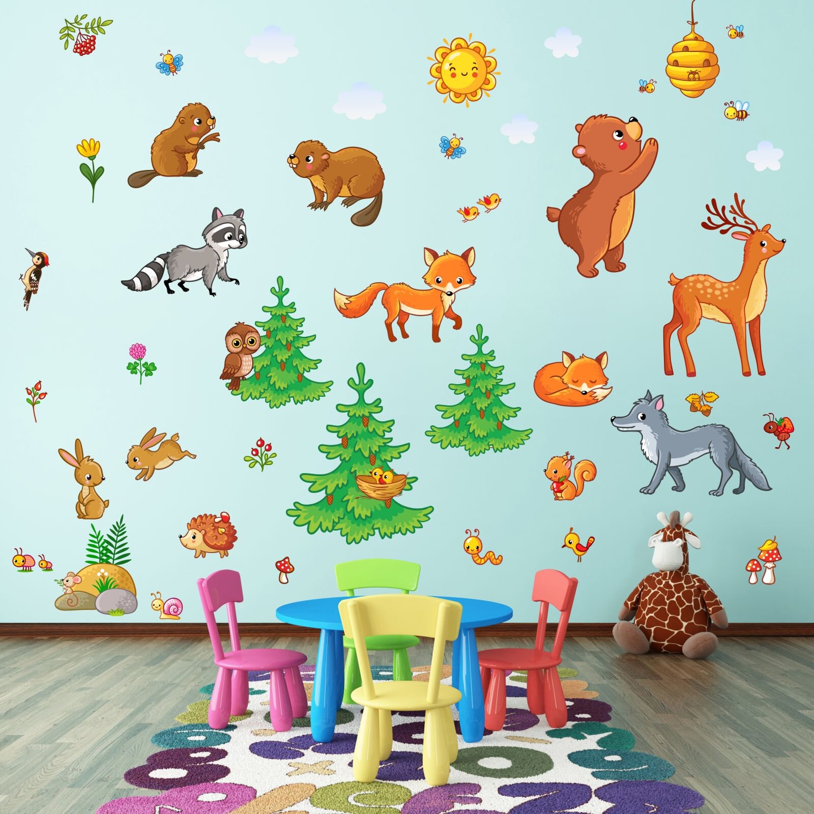 PACKLIST Babyzimmer Poster Waldtiere Set | 4x A4 Kunstdrucke Bär, Eule, Hirsch, Fuchs
