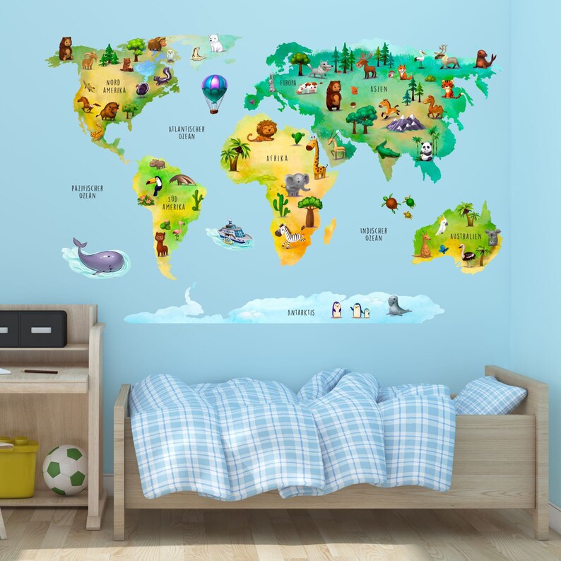 202 Wall Decal World Map With Animals Nursery Wall Decor Etsy