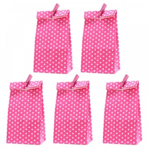 5 sacchetti di carta a pois rosa con 5 clip decorative| H 18cm - 6x9cm | Sacchetti regalo regalo per feste di compleanno per bambini fai-da-te
