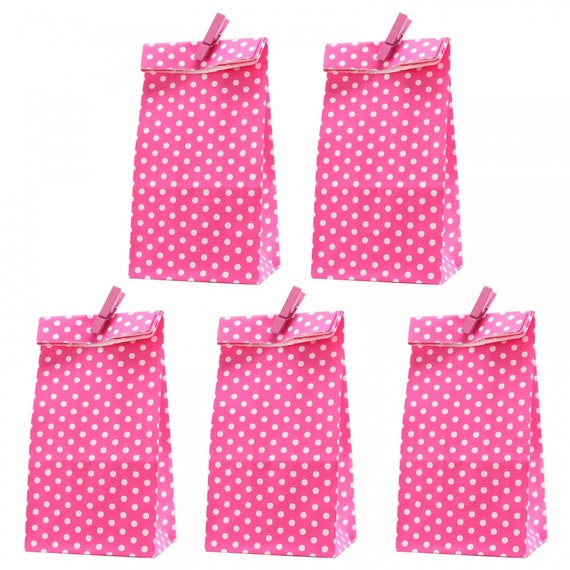 5 bolsas de papel lunares rosas con 5 clips decorativos Al. 18 cm