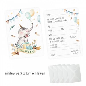 5 tarjetas de invitación con globo de elefante indio, incluye 5 sobres transparentes, invitación de cumpleaños infantil para niña y niño.