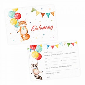 10 cartes d'invitation renard raton laveur ballon comprenant 10 enveloppes transparentes anniversaire enfant fille garçon invitation célébration