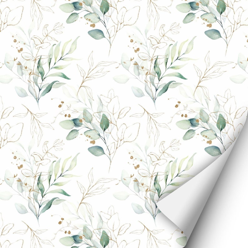 May include: A seamless pattern featuring delicate watercolor illustrations of green leaves and branches with gold accents on a white background.