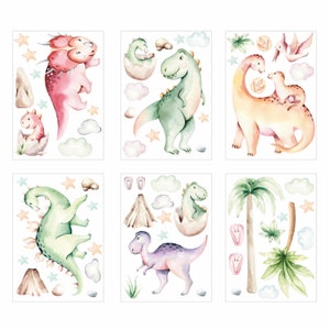 May include: A set of six watercolour dinosaur stickers featuring a variety of dinosaurs, including a stegosaurus, a triceratops, a tyrannosaurus rex, and a pterodactyl. The stickers are perfect for adding a touch of whimsy to any project.