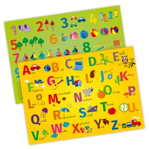Set of 5 children's placemats with learning effect printed ABC 123 world map time colors placemat image 2