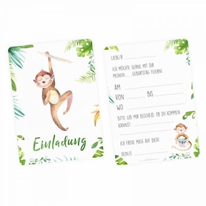 10 Einladungskarten Affe Dschungel Grün inkl. 10 Transparenten Briefumschlägen Kinder Geburtstag Mädchen Junge Einladung Feier Aquarell