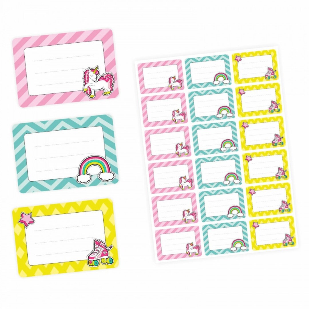 Labels Fun Blank 72 Blank Labels Retro Unicorn Rainbow and Roller Skate - 64 X 45 Mm ...