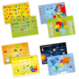 4er Set Kinder Tischset mit Lerneffekt bedruckt ABC 123 Weltkarte Zeit Farben Platzset