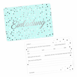 10 cartons d'invitation menthe laqué argent comprenant 10 enveloppes blanches