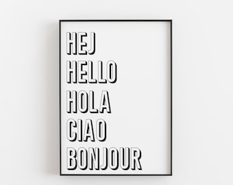 Hello Languages Black and White Typography A4 Poster Print PO362