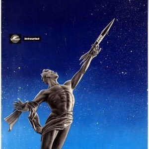 May include: A vintage Soviet propaganda poster featuring a muscular man holding a rocket, a red star, and the text "Intourist".