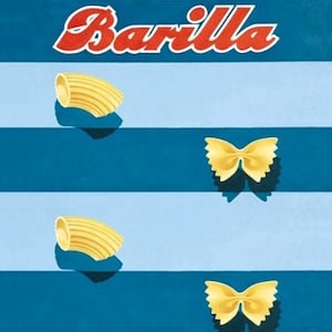 May include: A blue and white striped background with the word "Barilla" in red letters. There are four yellow pasta shapes, two are bowtie pasta and two are long, curved pasta shapes.