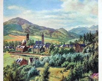 May include: A vintage travel poster advertising a visit to the town of Crieff, Perthshire, Scotland. The poster features a scenic view of the town with rolling hills, lush green trees, and a winding path leading to the town. The text on the poster reads "Crieff (Perthshire) GUIDE FREE FROM TOWN CLERK, DEPT. A., CRIEFF Train services and fares from BRITISH RAILWAYS stations, offices and agencies."