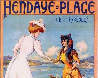 Vintage Hendaye Plage France Spain Border Tourism Poster Print A3//A4