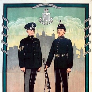 May include: A vintage recruitment poster for the 17th London Regiment (Tower Hamlets Rifles). The poster features two soldiers in uniform, standing in front of a backdrop of the Tower of London. The poster text reads "17th London Regiment (Tower Hamlets Rifles) Join this famous local regiment by applying to 66.Tredegar Road, Bow. E. 3."