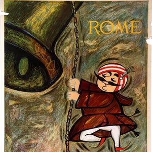 May include: A vintage travel poster advertising Air India flights to Rome. The poster features a cartoon illustration of a man in a red robe and turban climbing a rope, with another man in a brown robe pulling the rope from below. The text "ROME" is in gold lettering at the top of the poster, and "AIR INDIA" is in yellow lettering at the bottom.