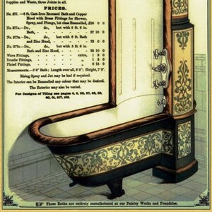May include: A vintage advertisement for Doulton's Improved Hooded Baths, featuring a detailed illustration of a freestanding bathtub with a copper hood and ornate detailing. The text highlights the bath's features, including a shower, spray, and plunge, and mentions the bath's enamelled finish and zinc hood. The ad also includes a price list for various bath configurations.