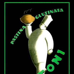 May include: A vintage advertisement for Buitoni Pastina Glutimata featuring a cartoon chef in a white uniform holding a pot of food. The text "Buitoni Pastina Glutimata" is written in green letters on a black background.
