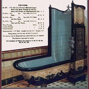 May include: An advertisement for Doulton's Improved Hooded Baths. The image shows a vintage cast-iron plunge bath with a shower and a zinc hood. The bath is blue and cream with ornate detailing. The ad includes text about the bath's features and prices.