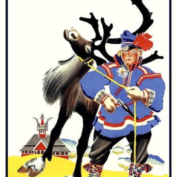 Vintage 1950's Travel To Norway To Visit The Sami People And Reindeers A3 Poster Reprint