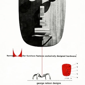 Op de afbeelding: Zwart-witte illustratie van een stoel met een rode stoelzitting. De tekst "herman miller furniture features exclusively designed hardware." en "george nelson designs" staan onder de illustratie.