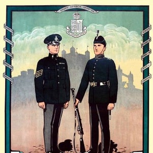 May include: A vintage recruitment poster for the 17th London Regiment (Tower Hamlets Rifles). The poster features two soldiers in uniform, standing in front of a cityscape. The text on the poster reads "17th London Regiment (Tower Hamlets Rifles) Join this famous local regiment by applying to 66. Tredegar Road, Bow, E. 3."