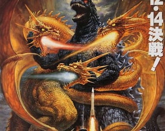 May include: A movie poster for the Japanese film "Godzilla vs. King Ghidorah" featuring a black Godzilla fighting three-headed golden King Ghidorah. The poster has Japanese text that reads "12.14 決戦!" and "VS キングギドラ".