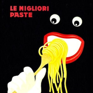 May include: A black and white illustration of a face with a large red mouth eating spaghetti with a wooden fork. The text "LE MIGLIORI PASTE" and "BARILLA" are in red and yellow letters.