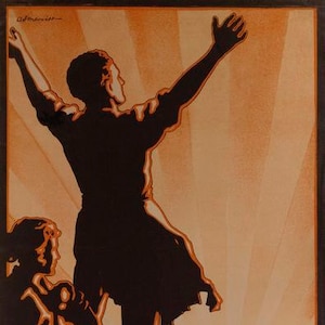 May include: A vintage political poster with a silhouette of a person raising their arms in the air. The poster has a bright orange background with a sunburst effect. The text on the poster reads "Greet the Dawn: Give Labour It's Chance."