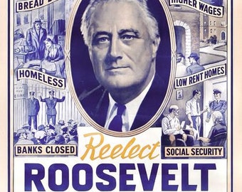 Vintage 1940's US Roosevelt Presidential Election Poster  A3 Print