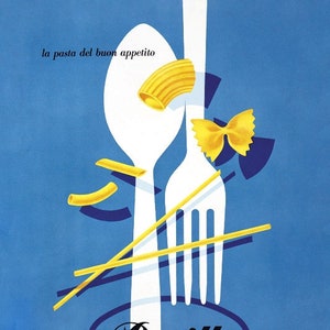 May include: A vintage advertisement for Barilla pasta featuring a white fork and spoon with various pasta shapes, including bowtie, spaghetti, and macaroni, on a blue background. The text reads "la pasta del buon appetito" and "casa fondata a Parma nel 1877 per la produzione delle paste alimentari".