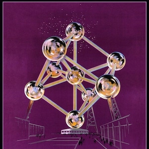 Viaggio vintage all'Esposizione mondiale di Bruxelles, Belgio del 1958, visita la stampa A3 del poster Atomium