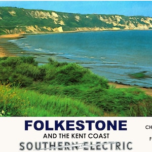 May include: A vintage travel poster advertising a trip to Folkestone and the Kent Coast by train. The poster features a scenic view of a coastline with cliffs and a blue sky. The text on the poster reads "It's quicker by rail", "Folkestone and the Kent Coast", "Southern Electric", "Cheap fares and frequent trains".
