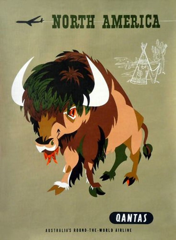 Vintage Qantas Flights to North America Airline Poster A3 Etsy