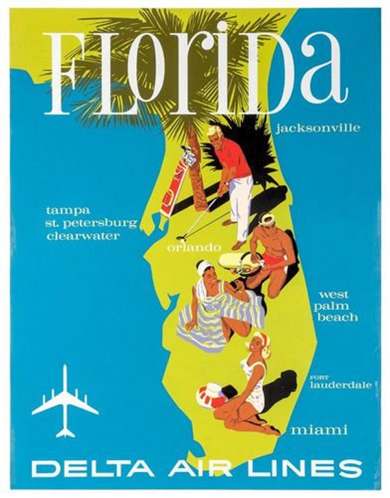 Vintage Delta Airlines Flights To Florida Poster A3 Print