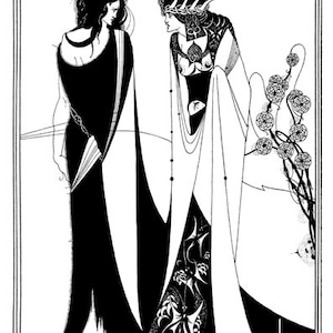 Peut inclure: Illustration en noir et blanc de deux femmes en robes longues. L'une porte une couronne et une robe ample à motifs floraux. L'autre porte une robe simple avec une longue traîne. L'arrière-plan est un simple motif noir et blanc.