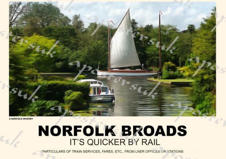 Vintage British Rail Norfolk Broads Railway Poster A4//A3//A2//A1 Print