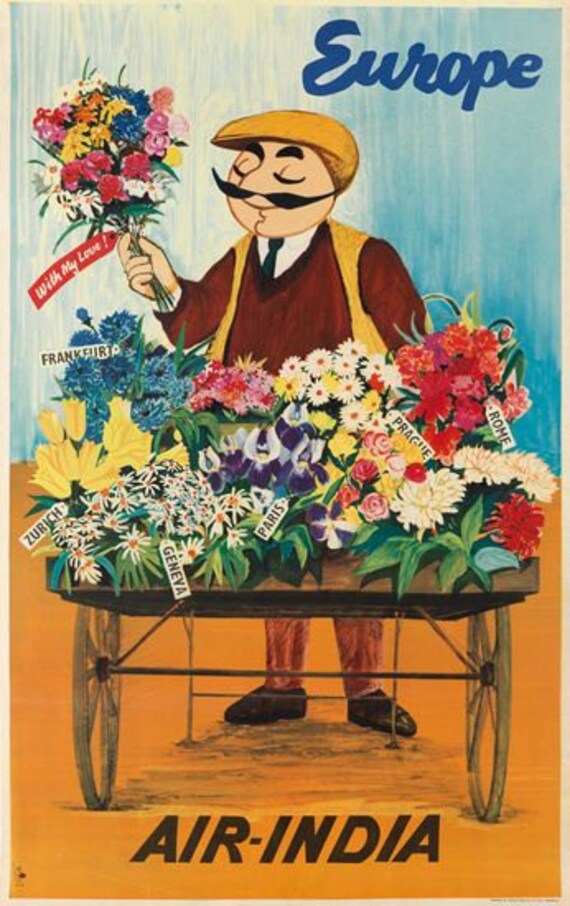 A2 Print Vintage Air India Flights to Rome Travel Poster A3