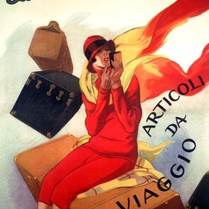 May include: A woman in a red dress and hat sits on a stack of vintage suitcases. She is applying makeup with a compact mirror. The background features a red and yellow scarf and the text "La Rinascente" and "Articoli da Viaggio".
