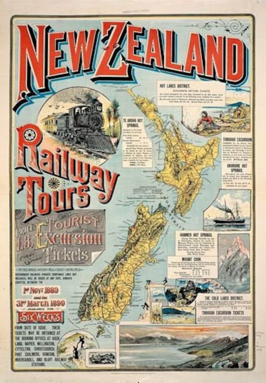 Vintage 19th Century New Zealand Railway Tours Tourism Poster A3