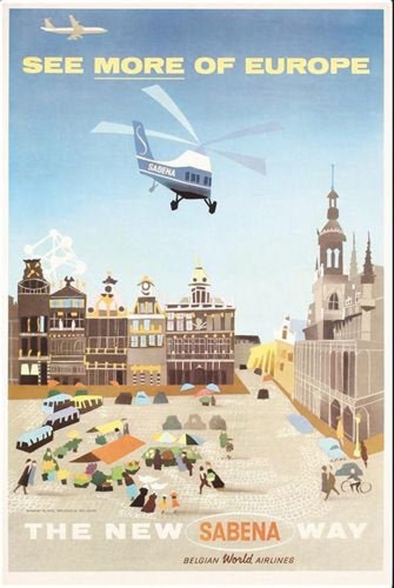 Vintage Sabena Airlines Flights to Belgium  Poster  A3 Print