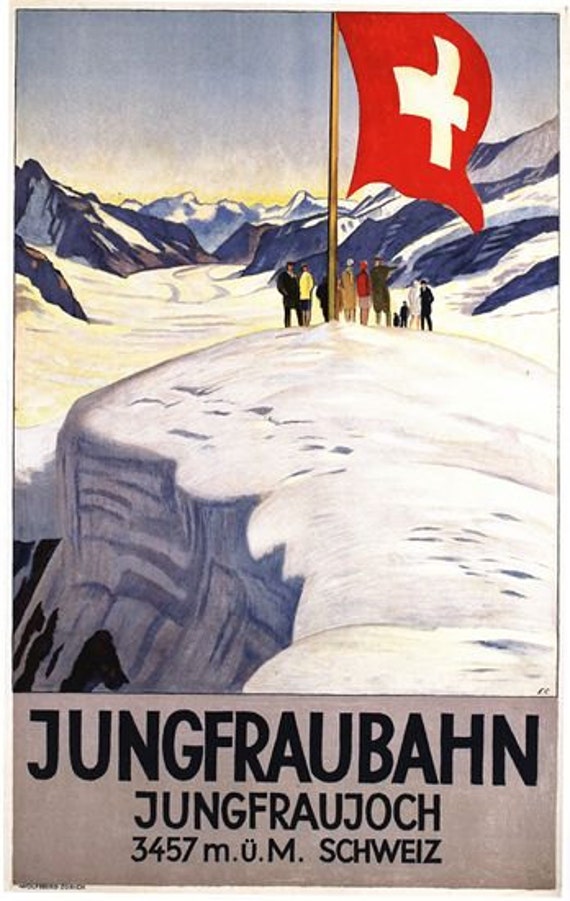VINTAGE SWITZERAND JUNGFRAU REGION SKI TRAVEL A4 POSTER PRINT
