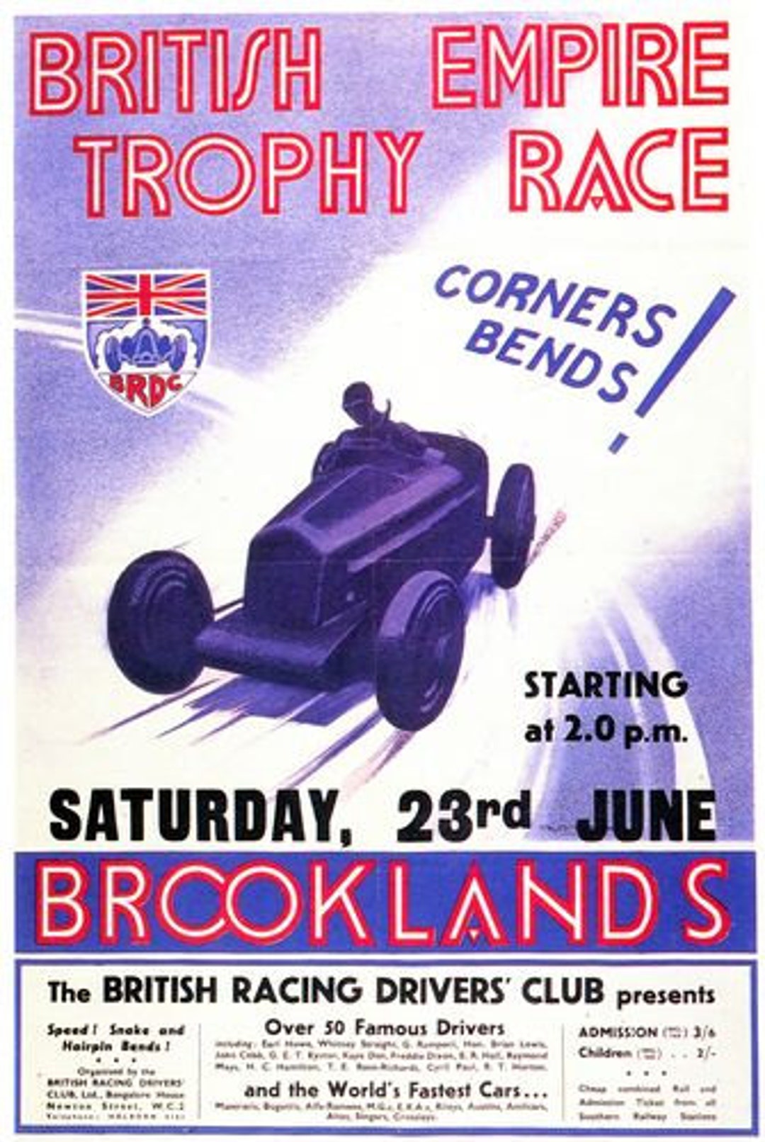 Vintage Brooklands British Empire Trophy Motor Racing Poster A3/A2/A1 ...