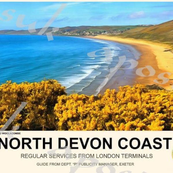 Vintage Style Railway Poster Woolacombe North Devon A3/A2 Print
