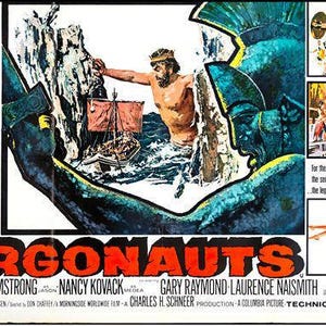 May include: Movie poster for "Jason and the Argonauts." The poster features a central illustration of a man in a crown reaching towards a ship, with the film's title in large, orange letters. Additional scenes and text are included.