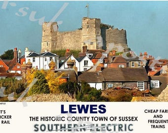 Affiche ferroviaire de style vintage Lewes Castle, impression A3/A2