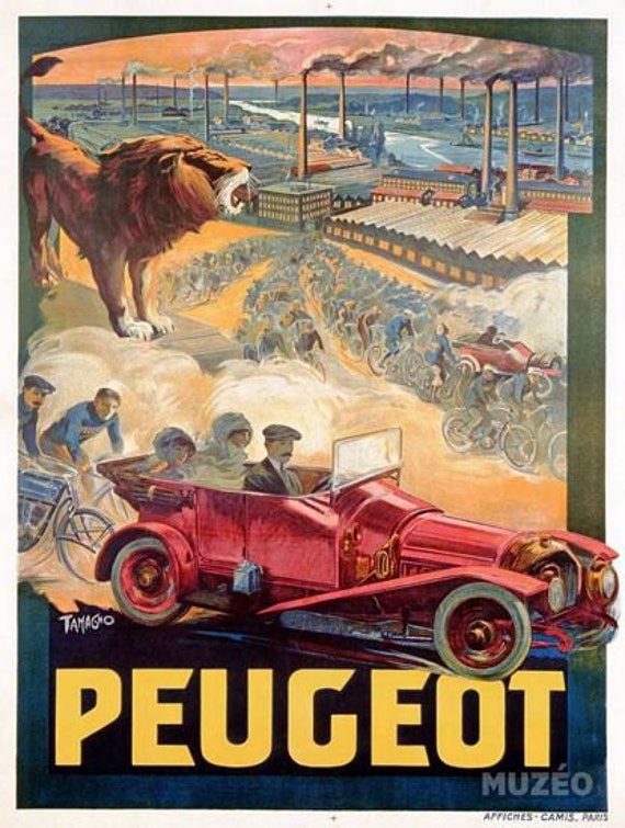 Vintage Early 20th Century Peugeot Car Advertisement Poster