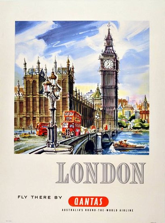 Stampa A3 di poster vintage Qantas Voli per Londra compagnia aerea
