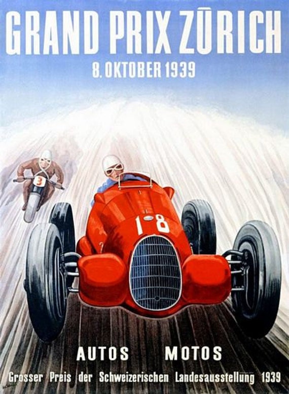 Vintage 1939 Zurich Grand Prix Motor Racing Poster A3 Print Etsy